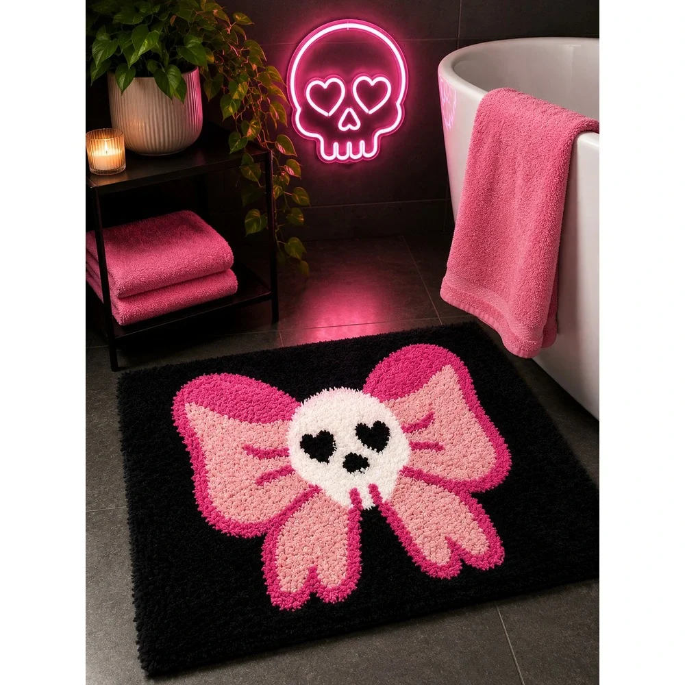 NWT Pink Skull Bow Halloween Bath Rug Goth Coquette Decorative Bathroom Mat